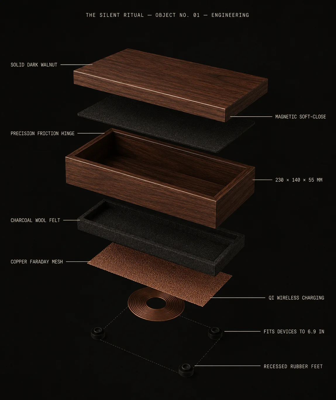 Exploded engineering diagram of Object No. 01: solid dark walnut lid, magnetic soft-close, charcoal wool felt lining, Faraday mesh, and an integrated Qi wireless charging coil.