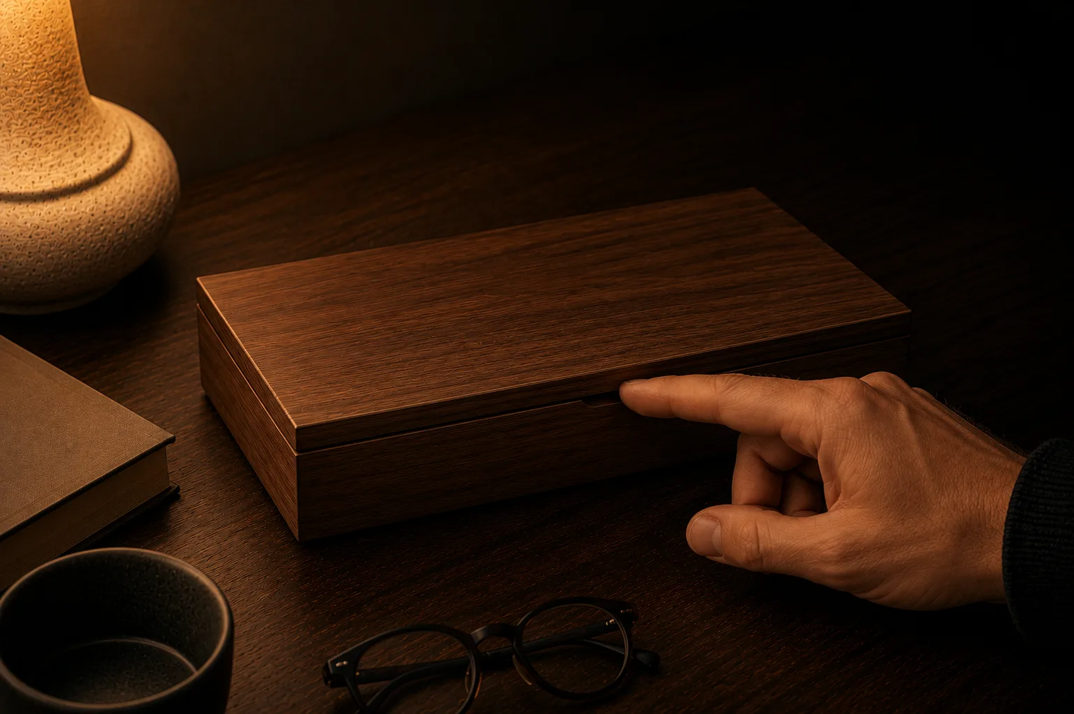 The Silent Ritual box closed for the night, a finger resting on the lid beside a lamp and reading glasses.